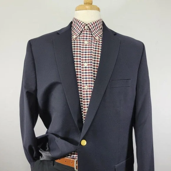 Chaps Men's Sport Coat Blazer Gold Two Button Deep Navy Twill Poly Wool Size 46L